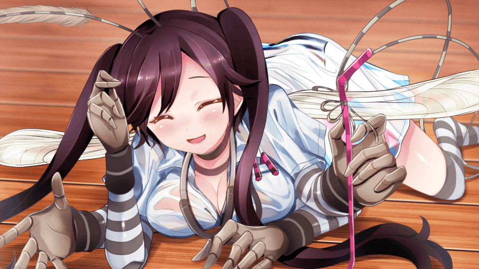 1girl antennae arthropod_girl artist_request black_hair blush breast_pocket breasts carapace ceska_(monster_musume) closed_eyes dress drinking_straw extra_arms game_cg long_hair medium_breasts monster_musume_no_iru_nichijou monster_musume_no_iru_nichijou_online mosquito_girl official_art open_mouth pocket solo stethoscope striped_arm_warmers striped_clothes striped_thighhighs thighhighs twintails wet white_dress zettai_ryouiki