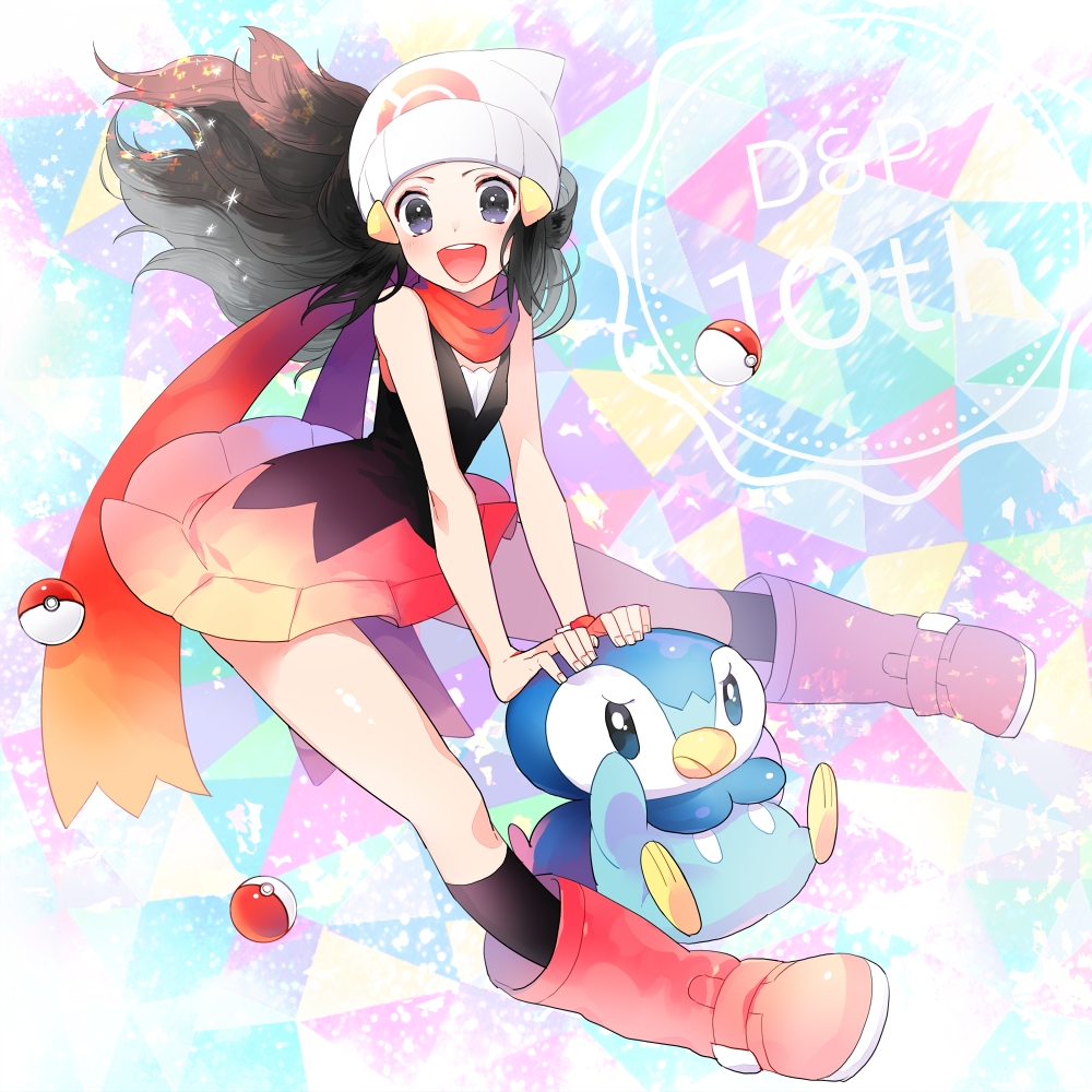 anniversary beanie black_eyes black_hair black_socks boots copyright_name dawn_(pokemon) gen_4_pokemon gum_(gmng) hair_ornament hairclip hat kneehighs long_hair nintendo pink_boots pink_skirt piplup poke_ball poke_ball_(basic) pokemon pokemon_(creature) pokemon_dppt red_scarf scarf shirt skirt sleeveless sleeveless_shirt socks sparkle