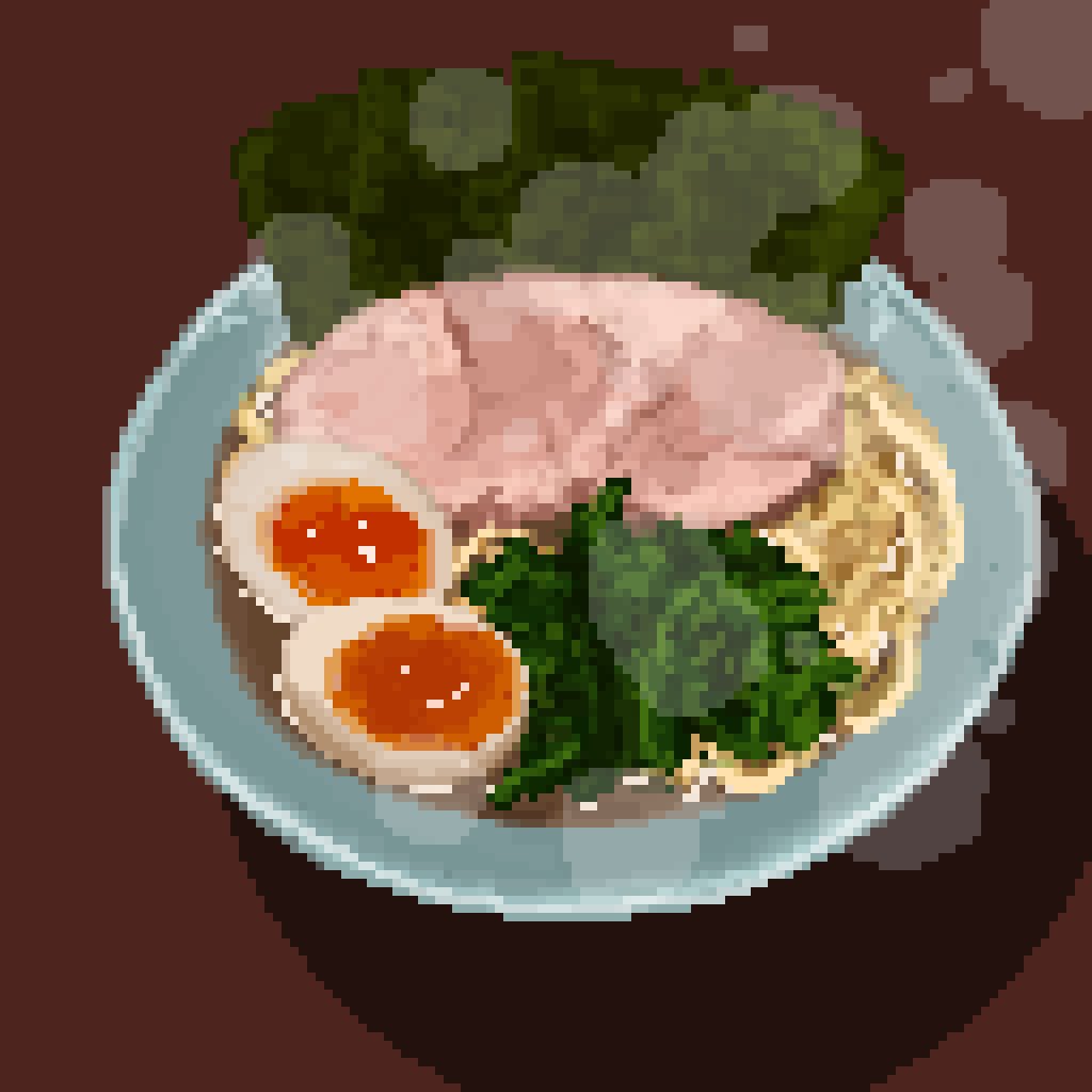 bowl char-siu food food_focus hijiki_(seaweed) hisachan55cute no_humans noodles nori_(seaweed) original pixel_art ramen red_background shadow simple_background softboiled_egg soup steaming_food still_life