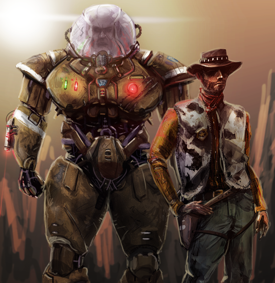 2boys alternate_art_style animal_print arm_mounted_weapon armor bandana bandana_around_neck beard black_hair blue_pants buzz_lightyear closed_mouth commentary_request cow_print cowboy cowboy_hat cowboy_shot denim facial_hair full_beard glowing hand_on_own_hip hat helmet holster jeans long_sleeves male_focus multiple_boys mustache pants partial_commentary partially_shaded_face power_armor print_vest red_bandana sheriff sheriff_badge sheriff_woody shirt short_hair space_helmet space_marine spacesuit sun supeacard toy_story western yellow_shirt