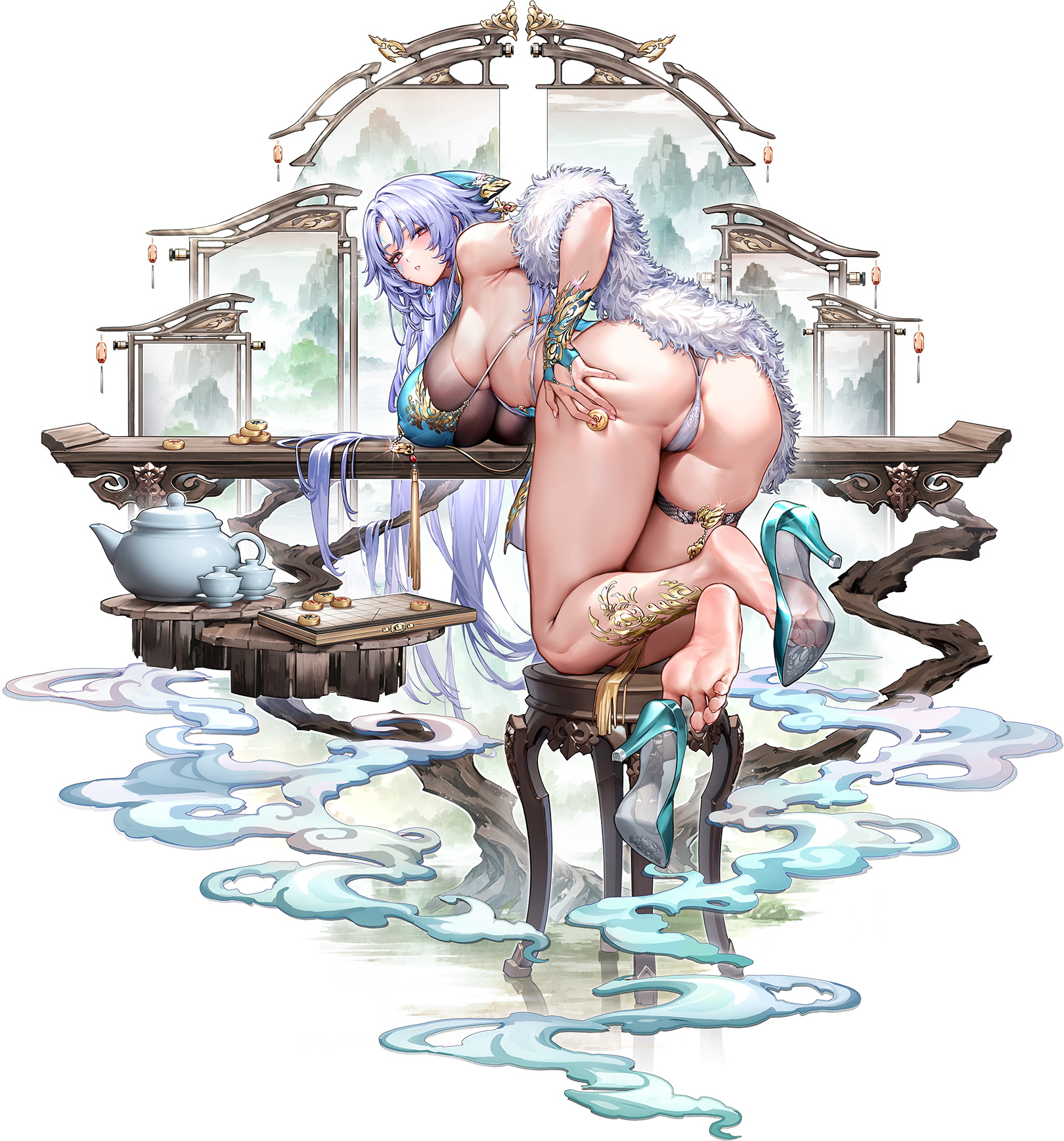 1girl armpit_crease armpits bare_back bare_legs bare_shoulders barefoot black_bra bra breasts character_request crosscore feet high_heels highres huge_breasts long_hair looking_at_viewer looking_back nail_polish official_art panties purple_hair soles table underwear white_panties