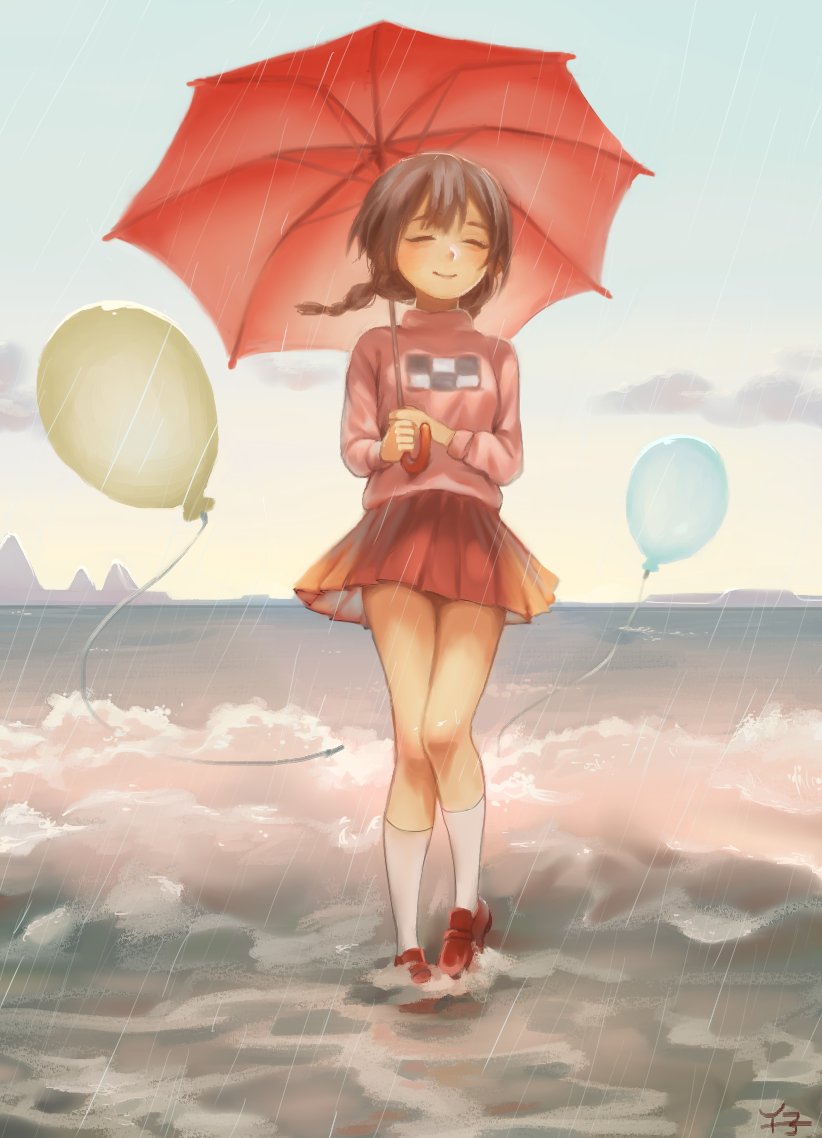 1girl balloon blue_sky blush brown_hair closed_eyes closed_mouth cloud commentary depressionist47 double-parted_bangs floating_hair foaming_waves full_body hands_up heel_up holding holding_umbrella horizon in_water kneehighs legs loafers long_hair long_sleeves low_twintails madotsuki miniskirt ocean outdoors pigeon-toed pink_sweater pleated_skirt rain red_shoes red_skirt red_umbrella shoes signature skirt sky smile socks solo standing sweater turtleneck turtleneck_sweater twintails umbrella waves white_socks wind yume_nikki