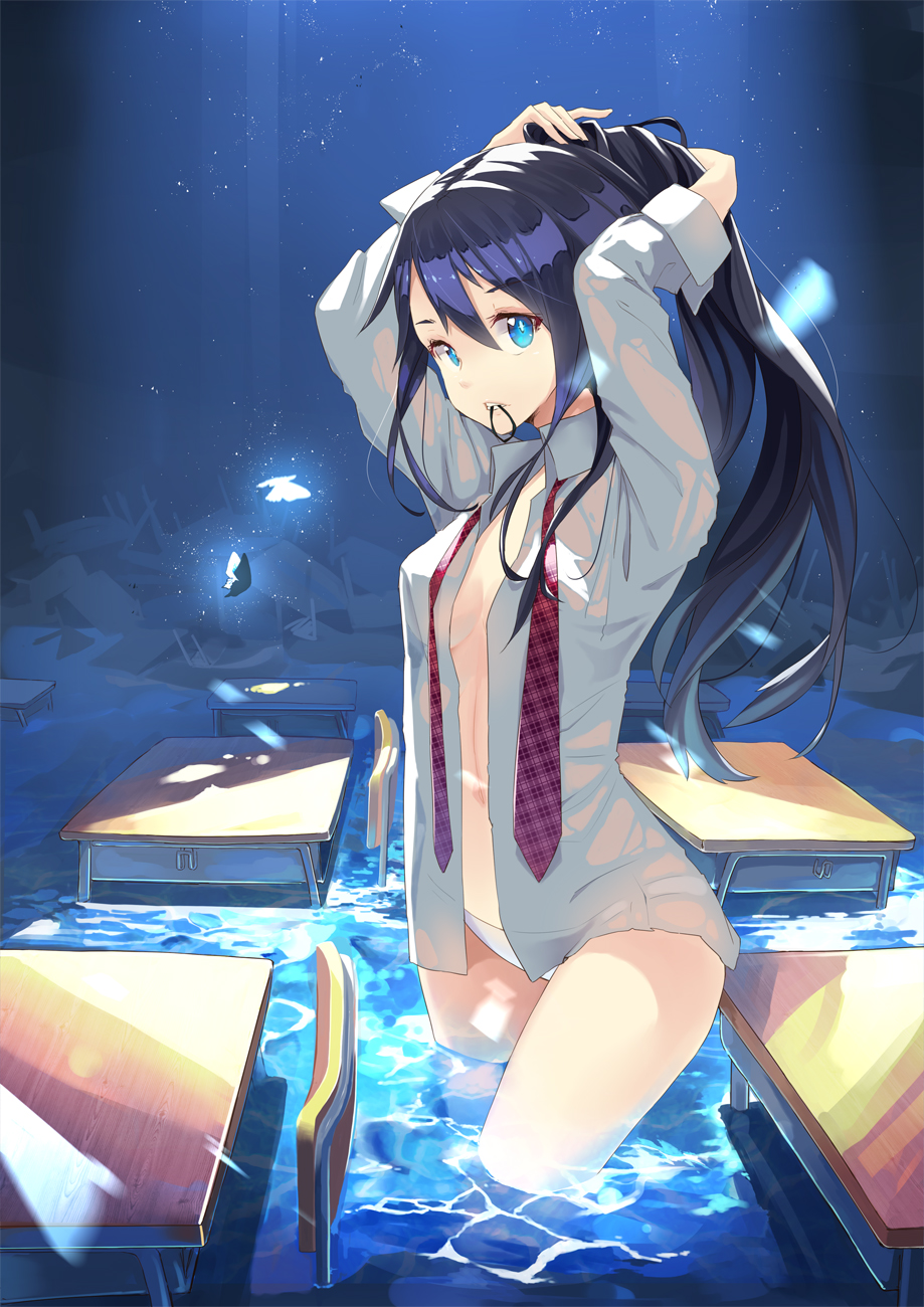 1girl adjusting_hair arms_up black_hair blue_eyes breasts bug butterfly classroom desk female_focus flood highres insect long_hair medium_breasts moonlight mouth_hold navel necktie no_bra open_clothes open_shirt original panties ponytail school school_desk see-through_clothes see-through_silhouette shirt solo underwear wading water white_panties yoo_(tabi_no_shiori)