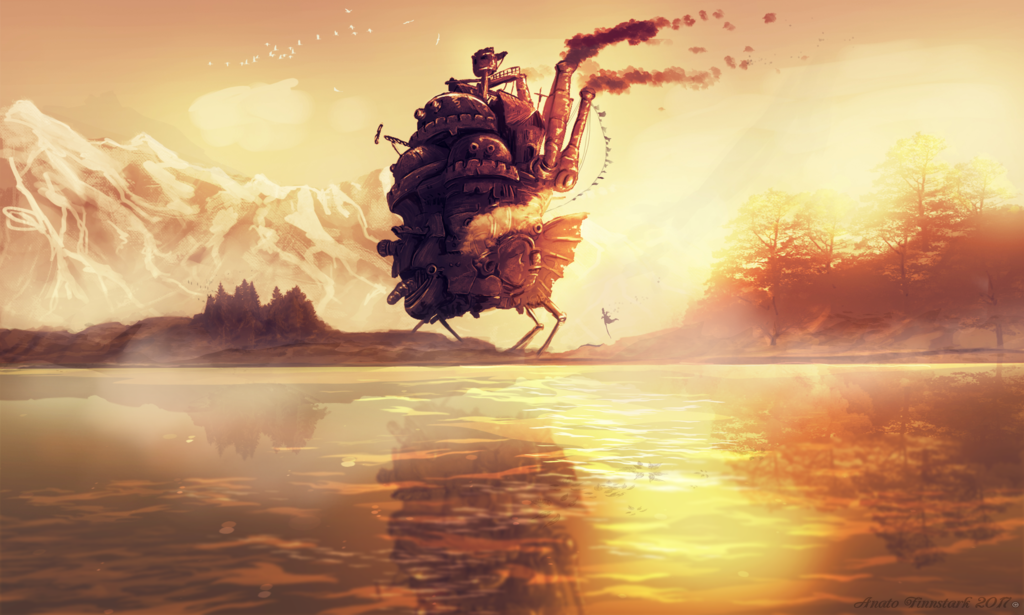 2017 anato_finnstark artist_name bird cloud commentary evening flying house howl_no_ugoku_shiro kakashi_no_kabu lake landscape mountain orange_sky outdoors reflection scarecrow scenery sky smoke studio_ghibli sunlight sunset tree
