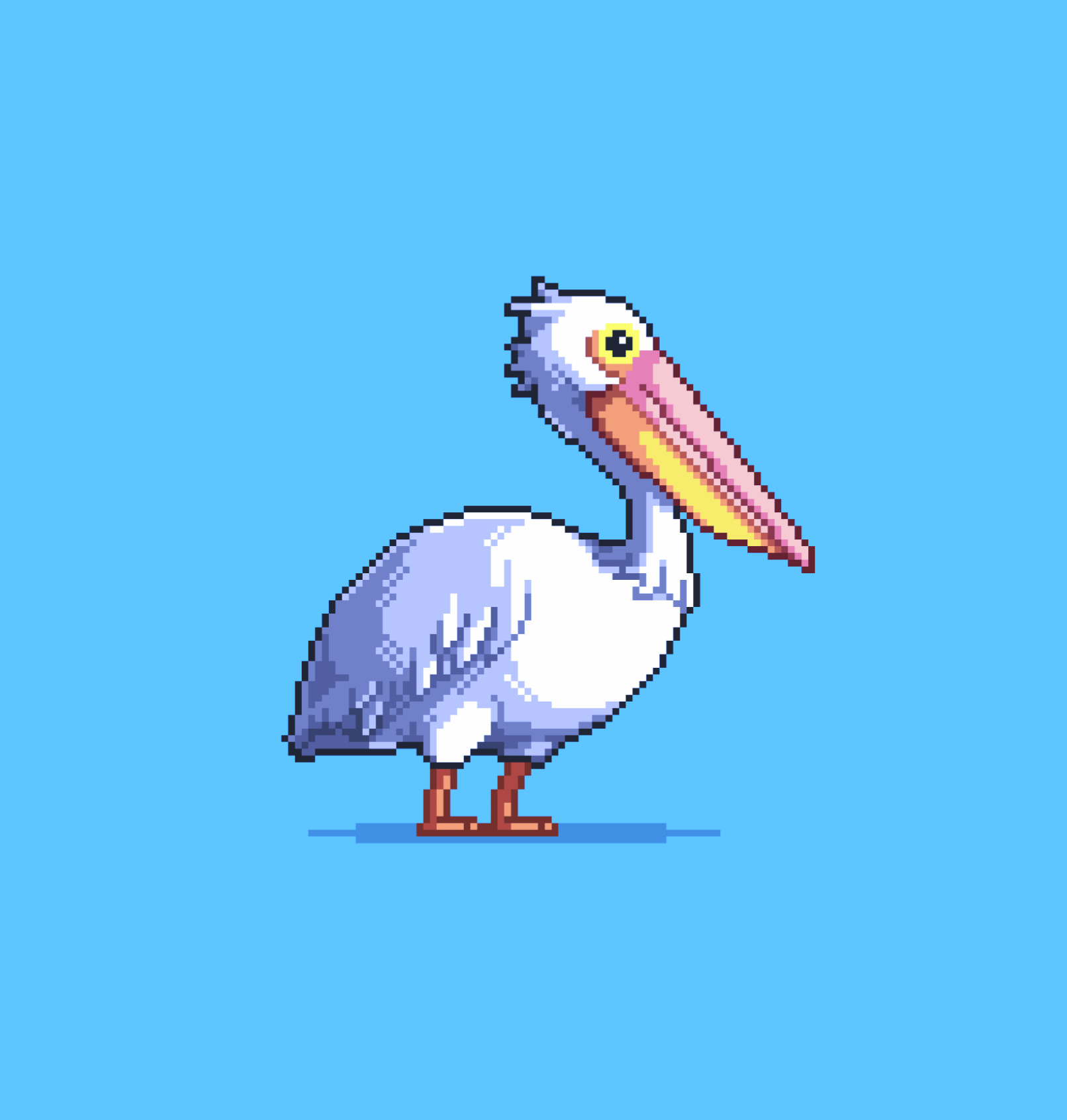 animal bird black_eyes blue_background closed_mouth commentary crumppp03 english_commentary feathers full_body highres no_humans original pelican pixel_art simple_background standing white_feathers