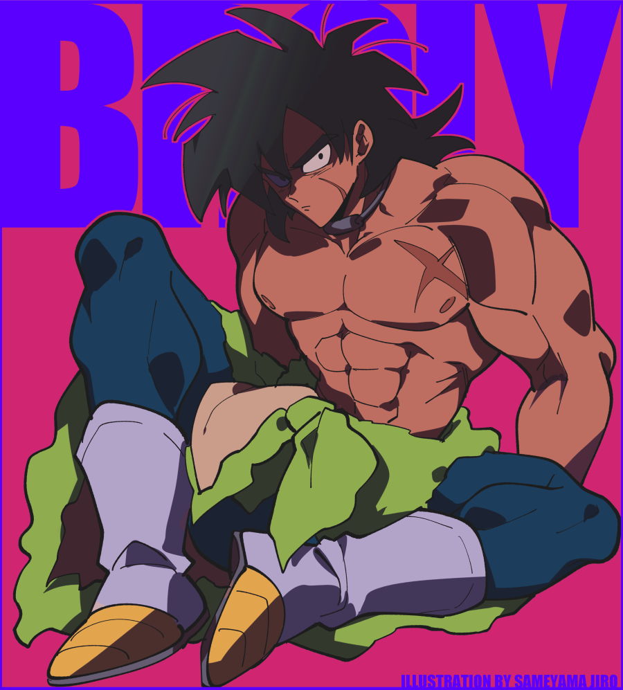 1boy abs black_hair blue_pants boots broly_(dragon_ball_super) closed_mouth dragon_ball grey_boots looking_at_viewer male_focus muscular muscular_male nipples pants pectorals pink_background sameyama_jiro scar scar_on_chest scar_on_face sitting solo spiked_hair topless_male