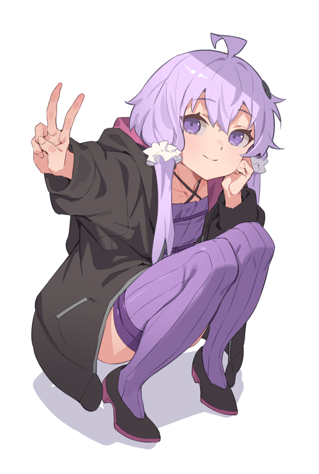 1girl ahoge dress flat_chest full_body highres hood hooded_jacket jacket long_hair looking_at_viewer open_clothes open_jacket purple_dress purple_eyes purple_hair purple_thighhighs simple_background smile solo squatting thighhighs twintails v vocaloid voiceroid white_background yamamomo_(plank) yuzuki_yukari