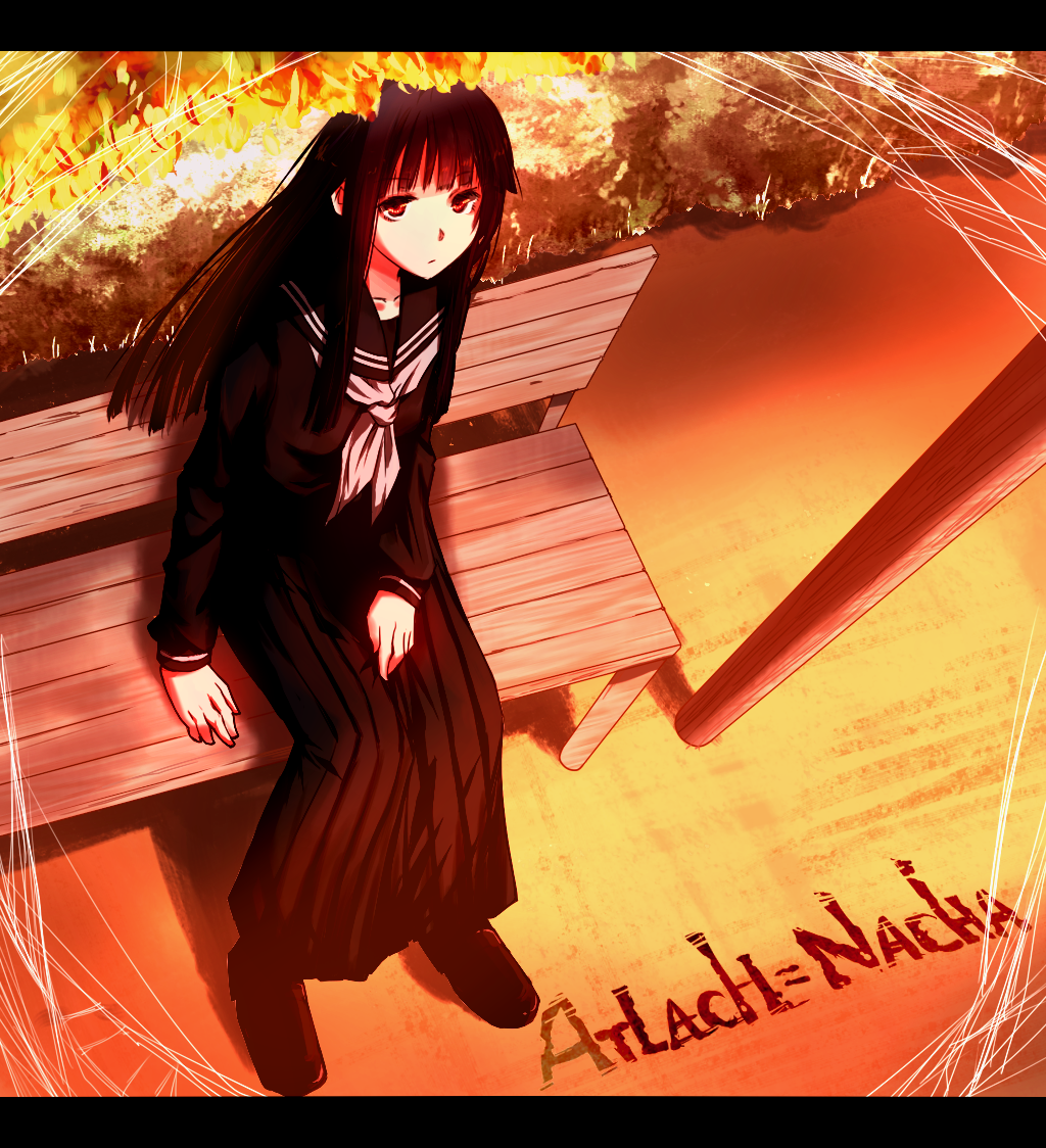 1girl atlach-nacha bench black_hair black_serafuku copyright_name female_focus hirasaka_hatsune kotonohanoko long_hair looking_up red_eyes school_uniform serafuku silk sitting solo spider_web