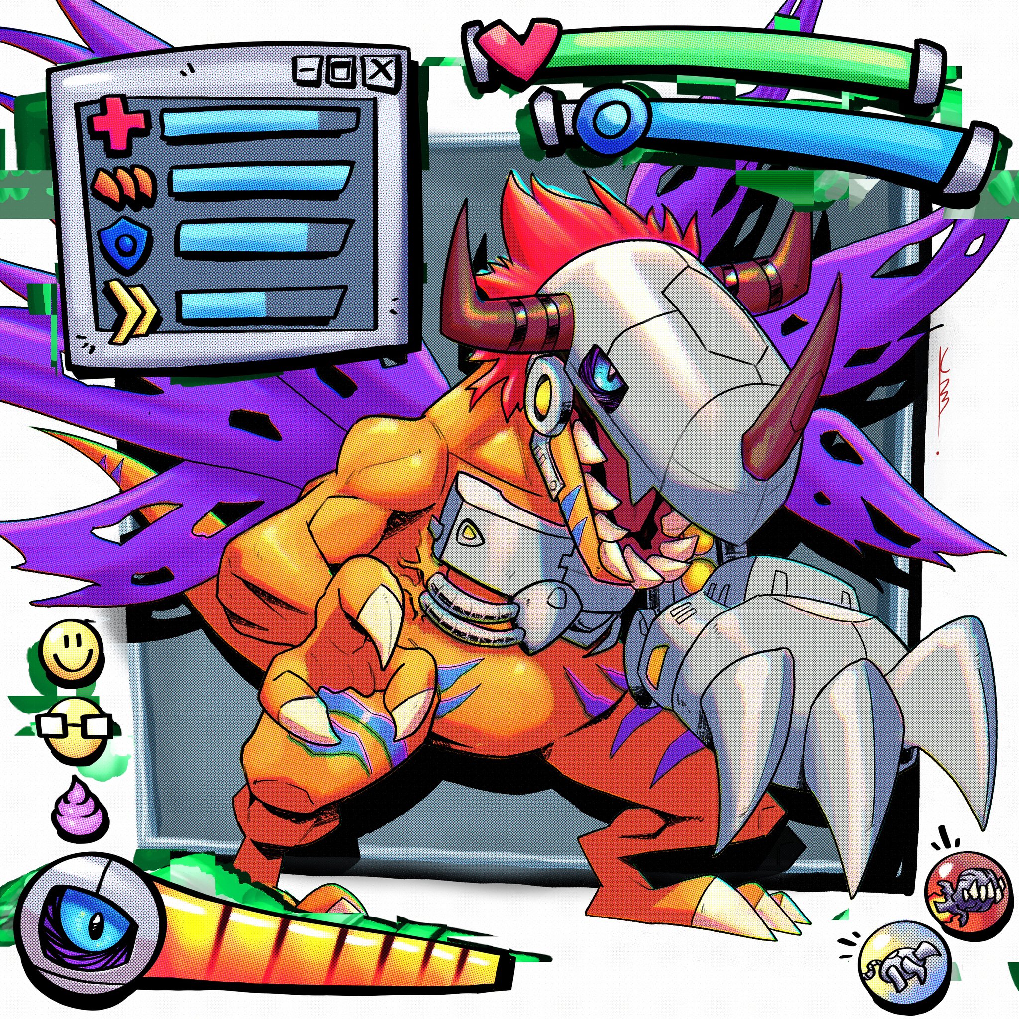 blue_eyes cyborg digimon digimon_(creature) digimon_world dinosaur gameplay_mechanics health_bar highres lbrightbladel mechanical_arms metalgreymon multiple_wings no_humans purple_wings red_hair sharp_teeth short_hair single_mechanical_arm solo teeth torn_wings wings