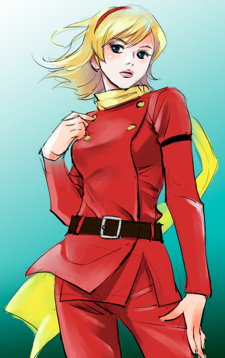 009_re:cyborg 10s 1girl blonde_hair cyborg_009 female_focus francoise_arnoul gradient_background lips monden_akiko scarf sketch solo uniform