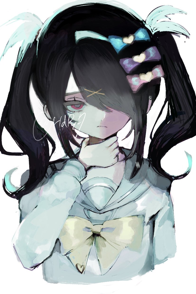 1girl :/ ame-chan_(needy_girl_overdose) bad_anatomy black_hair blue_serafuku bow chest_bow expressionless hair_bow hair_ornament hair_over_one_eye highres holding_throat looking_at_viewer multiple_hair_bows naishukketsukata needy_girl_overdose red_eyes school_uniform serafuku short_twintails solo twintails x_hair_ornament