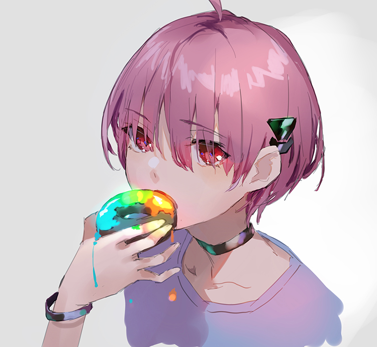 1girl ahoge black_choker choker collarbone donut food heaven_burns_red holding_donut holding_food ooshima_minori red_eyes red_hair short_hair solo yuugen