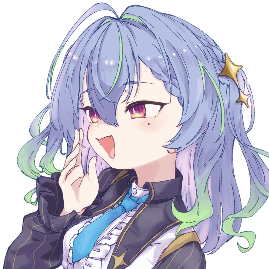 1girl :d ahoge black_collar black_sleeves blue_hair blue_necktie blush buranka center_frills collar commentary_request fang frills green_hair hair_between_eyes hair_intakes hair_ornament hand_up long_hair looking_afar mole mole_under_eye multicolored_hair nanashi_inc. necktie open_mouth pink_eyes pink_hair shirt simple_background skin_fang smile solo star_(symbol) star_hair_ornament suzumi_nemo transparent_background upper_body virtual_youtuber white_shirt