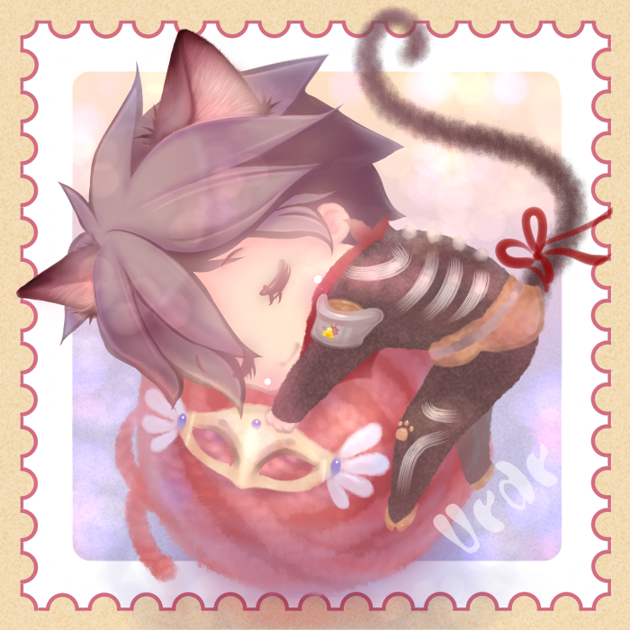 1boy animal_ears black_bodysuit bodysuit border brown_border cat_boy cat_ears cat_tail closed_eyes closed_mouth commentary_request full_body grey_hair guillotine_cross_(ragnarok_online) male_focus noco_(user_1490719) ragnarok_online red_ribbon ribbon short_hair sleeping smile solo tail tail_ornament tail_ribbon yarn yarn_ball