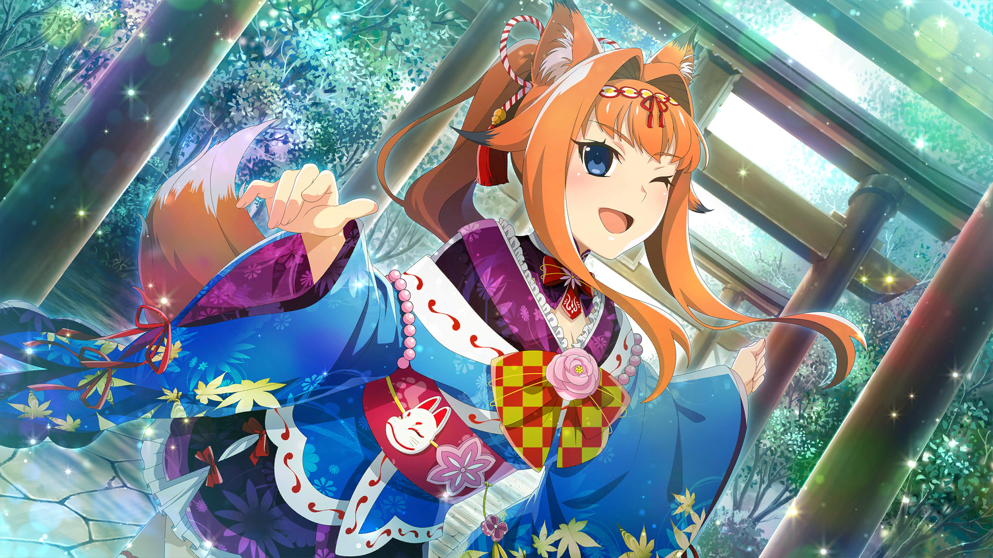 1girl ;d animal_ears blue_eyes cowboy_shot day floating_hair fox_ears fox_tail game_cg hair_intakes high_ponytail highres higurashi_no_naku_koro_ni higurashi_no_naku_koro_ni_mei houtani_nao kimono_dress lens_flare long_hair long_sleeves looking_at_viewer non-web_source official_alternate_hairstyle official_art one_eye_closed open_mouth orange_hair outdoors ponytail shrine smile solo sparkle standing tail three_quarter_view torii tree w_arms wide_sleeves