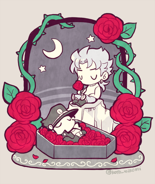 2boys bed_of_roses chibi chibi_only closed_eyes coat coffin crescent_moon dio_brando earrings flower hat holding holding_flower jewelry jojo_no_kimyou_na_bouken kotorai kuujou_joutarou limited_palette long_sleeves moon multiple_boys no_mouth petals red_flower red_rose rose rose_petals sitting star_(sky) twitter_username