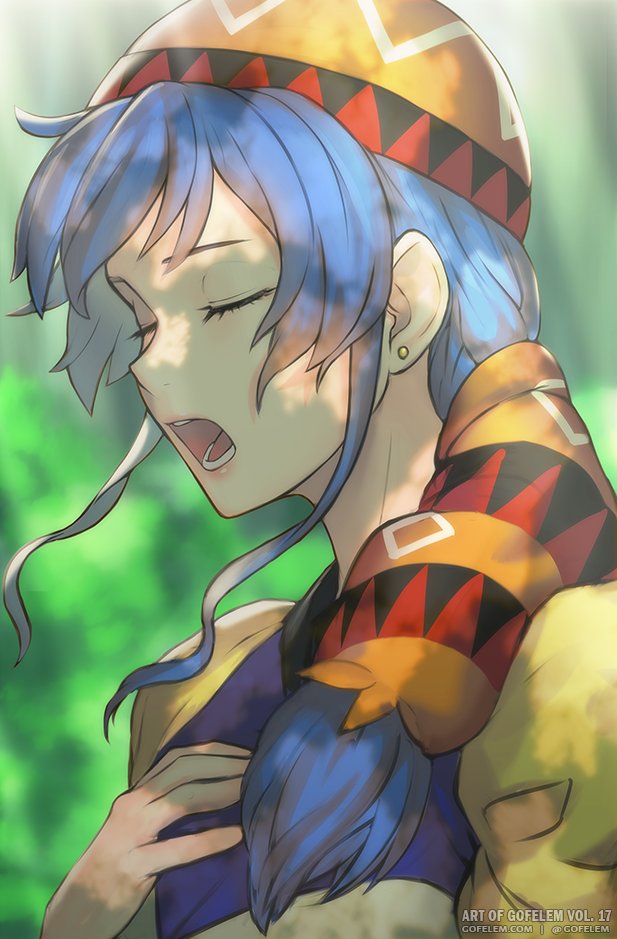 1girl bandana blue_hair dress earrings gofelem hat jewelry long_hair luna_noah lunar lunar:_the_silver_star music open_mouth ponytail singing solo