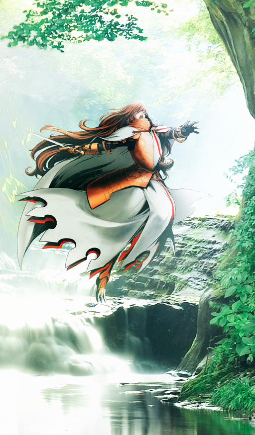 1boy armor black_gloves breastplate brown_hair cape chuuou_higashiguchi commentary fate/grand_order fate_(series) gauntlets georgios_(fate) gloves hair_over_eyes holding holding_sword holding_weapon jumping long_hair male_focus midair nature official_art open_mouth orange_armor outdoors photo_background solo sunlight sword third-party_source tree very_long_hair water weapon white_cape