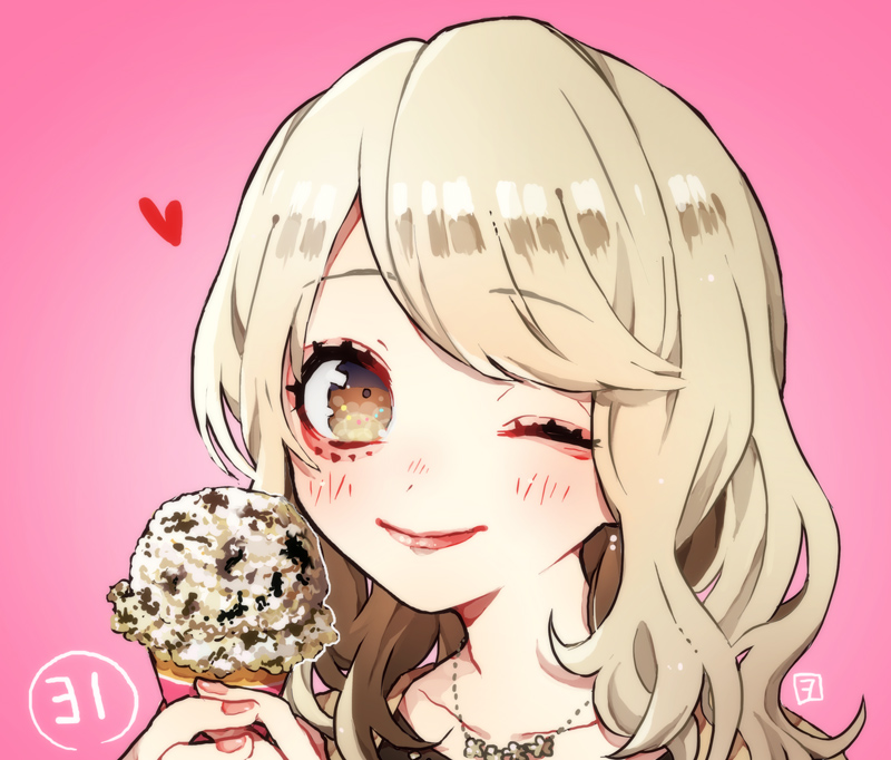 1girl baskin-robbins blush brown_eyes brown_hair chocolate_chip closed_mouth collarbone eyelashes fingernails food heart holding holding_ice_cream_cone ice_cream ice_cream_cone jewelry lipstick long_hair looking_at_viewer makeup necklace one_eye_closed personification pink_background pipipiosuke portrait smile solo