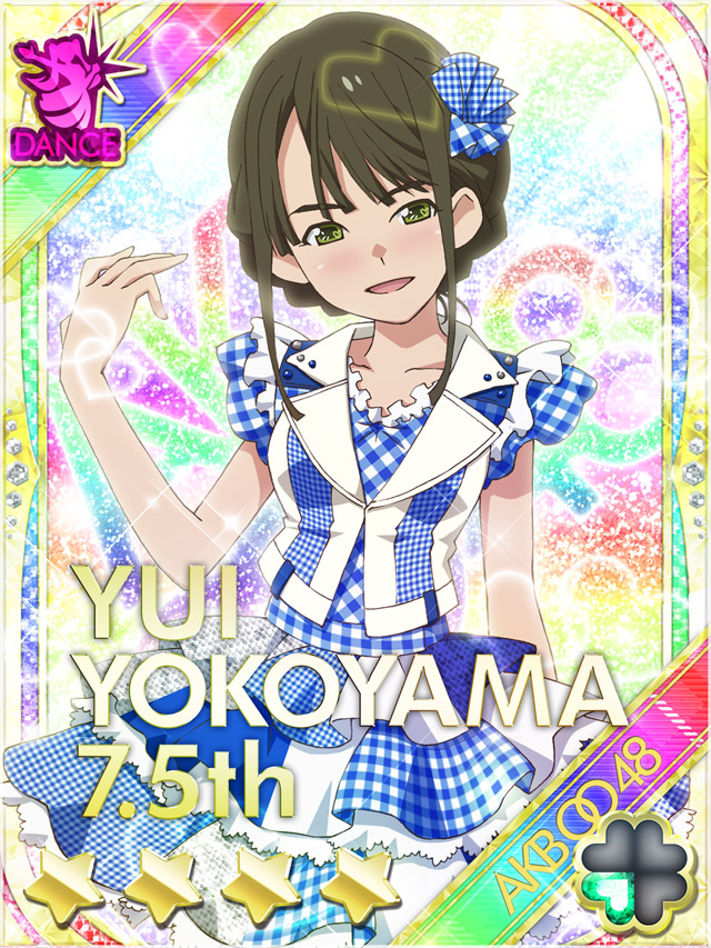 1girl :d akb0048 arm_at_side bow card_(medium) character_name copyright_name cowboy_shot fanged_bangs flower gingham_bow gingham_dress green_eyes green_hair hair_bow hand_up heart hydrangea lens_flare looking_at_viewer non-web_source official_art open_mouth rainbow_background short_sleeves sleeveless sleeveless_jacket smile solo standing star_(symbol) straight-on yokoyama_yui_(akb0048)