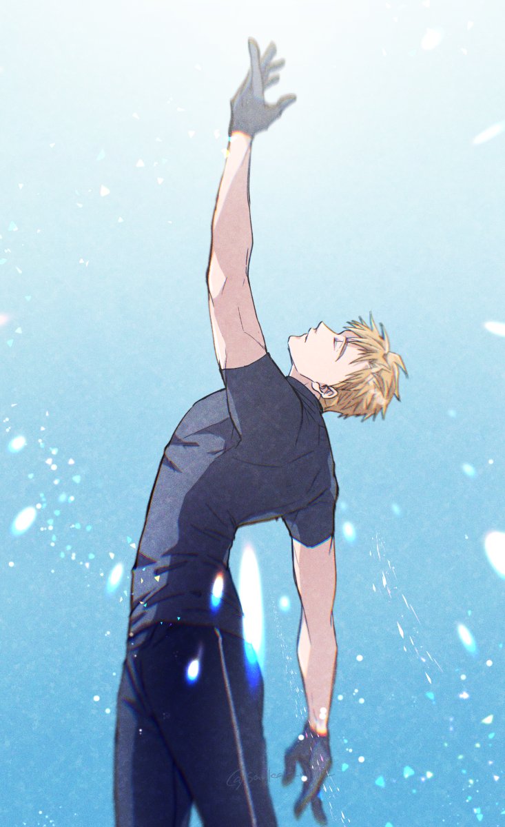 1boy akeuraji_tsukasa arm_up black_pants black_shirt blonde_hair closed_eyes closed_mouth commentary_request cowboy_shot facing_up figure_skating from_side gloves highres ice_skating light_particles male_focus masaki_(star8moon) medalist_(manga) open_hands pants shirt short_hair skating solo spiked_hair standing track_pants twitter_username upper_body