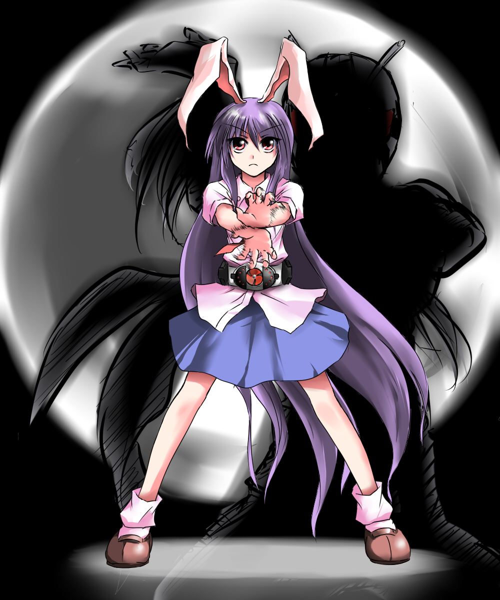 1girl animal_ears blue_skirt crossover henshin henshin_pose highres imperishable_night kamen_rider kamen_rider_super-1 kamen_rider_super-1_(series) kazami_shirou_(kaizou-zumi) long_hair parody purple_hair rabbit_ears red_eyes reisen_udongein_inaba rider_belt skirt touhou very_long_hair