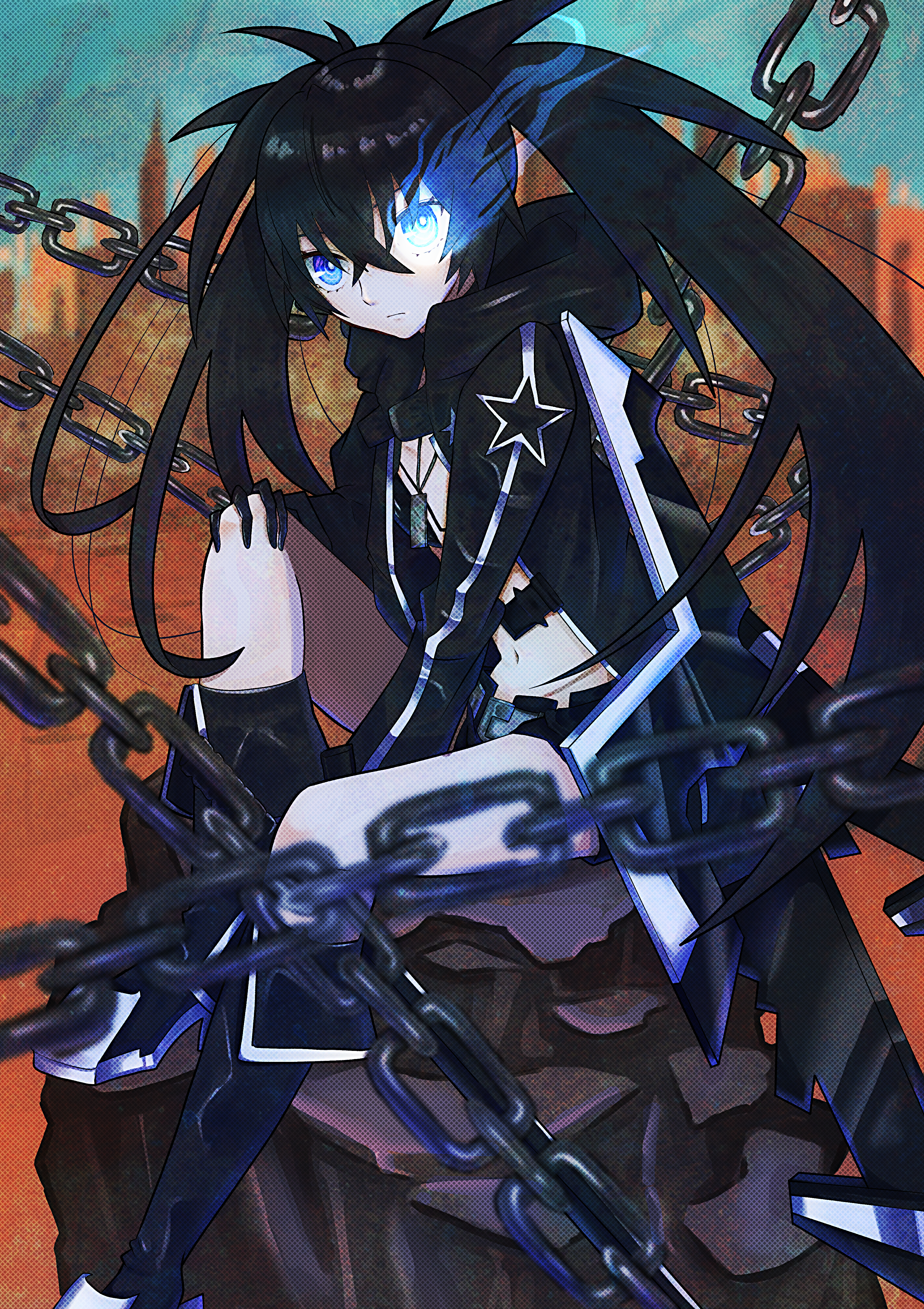 1girl absurdres between_legs black_boots black_coat black_gloves black_hair black_rock_shooter black_rock_shooter_(character) black_shorts blue_eyes boots chain closed_mouth coat flaming_eye gloves hair_between_eyes hand_between_legs hand_on_own_knee highres hood hood_down hooded_coat knee_boots kotou192 long_hair long_sleeves midriff navel open_clothes open_coat short_shorts shorts sitting solo star_(symbol) star_print stomach twintails very_long_hair