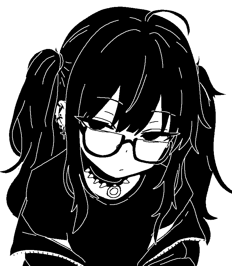 1girl ahoge animated animated_gif blinking choker closed_mouth cross cross_earrings double-parted_bangs ear_piercing earrings glasses hair_between_eyes jacket jewelry long_hair looking_at_viewer messy_hair monochrome o-ring o-ring_choker open_clothes open_jacket original piercing puriririririri semi-rimless_eyewear shirt simple_background solo spiked_choker spikes transparent_background two_side_up under-rim_eyewear upper_body zipper