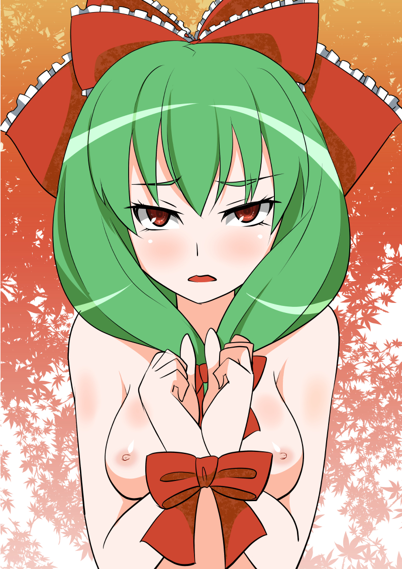 1girl bdsm green_eyes kagiyama_hina mipple mizuno_asami nude red_eyes red_headwear red_ribbon ribbon scared