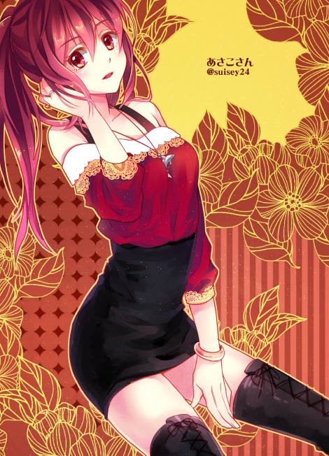 1girl between_legs black_boots black_skirt boots bracelet female_focus free! hair_between_eyes hand_between_legs hand_in_own_hair high-waist_skirt jewelry long_hair looking_at_viewer matsuoka_gou miniskirt momoko_(momoko14) necklace off-shoulder_shirt off_shoulder open_mouth pencil_skirt ponytail red_eyes red_hair red_sweater shirt sitting skirt solo striped_background sweater thigh_boots thighhighs twitter_username zettai_ryouiki