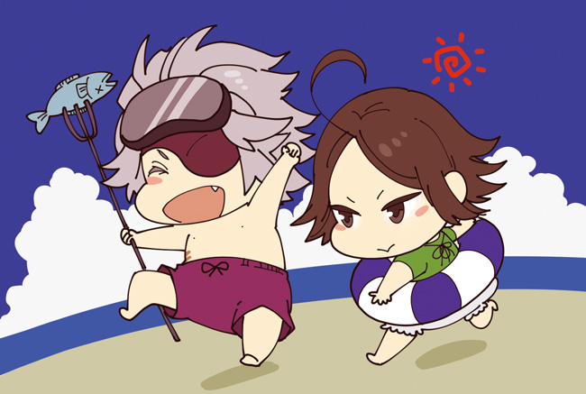 2boys :&gt; :d ahoge beach blush_stickers brown_eyes brown_hair chibi chibi_only chousokabe_motochika_(sengoku_basara) cloud contemporary diving_mask diving_mask_on_head eyepatch fang fish goggles goggles_on_head grey_hair holding holding_polearm holding_weapon male_focus male_swimwear mouri_motonari_(sengoku_basara) multiple_boys open_mouth polearm sengoku_basara short_hair smile summer swim_ring swim_trunks trident weapon yona_(waiko)