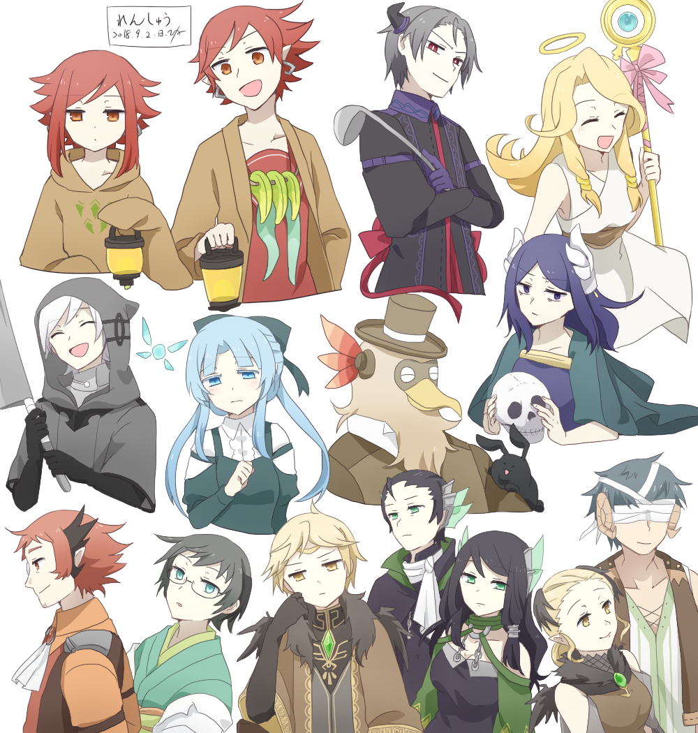 6+boys 6+girls alto_waystern badoh_whing bandages bandages_over_eyes bird bird_boy black_hair blonde_hair blue_eyes blue_hair brown_eyes corme_linkbell daios_(woasu) demon_boy demon_horns desmond_karura eddie_(woasu) fukuro_(woasu) giera_rius giera_toph glasses green_eyes guntram_hamelin hair_ornament head_rest horns long_hair looking_at_viewer looking_to_the_side midorino_(woasu) multiple_boys multiple_girls nyuuta_(makkuro96suke) ophelia_pilet orange_eyes pale_skin red_hair short_hair skull star_goddess_(woasu) twelam_hamelin walking_on_a_star_unknown white_background white_hair yurika_(woasu)