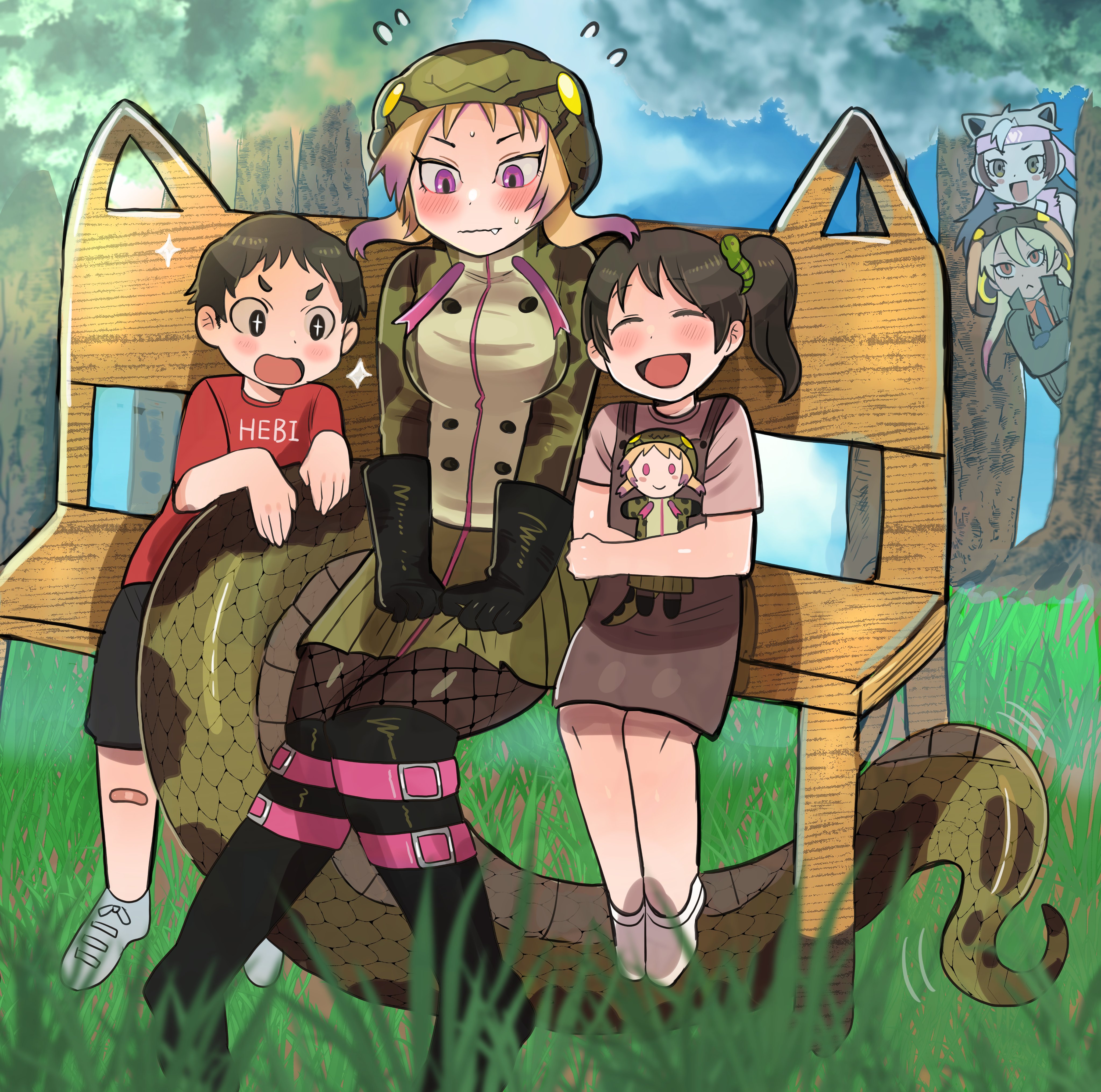 1boy 4girls absurdres african_rock_python_(kemono_friends) animal_ears animal_hood bandaid bandaid_on_leg bear_ears bench black_hair blonde_hair blush boots brown_hair character_doll child closed_mouth crossed_arms doll drawstring dress excited extra_ears ezo_brown_bear_(kemono_friends) fang fang_out fishnet_pantyhose fishnets flustered flying_sweatdrops foot_dangle gloves green_skirt grey_hair happy headband highres holding holding_doll hood hood_up igarashi_(nogiheta) jacket kemono_friends kemono_friends_3 king_cobra_(kemono_friends) knees_together_feet_apart leaning_to_the_side long_hair long_sleeves long_tail looking_at_another looking_down miniskirt multicolored_hair multiple_girls on_bench open_mouth outdoors pantyhose peeking_out pink_hair print_hood print_jacket purple_eyes shirt shoes short_hair short_sleeves side_ponytail sitting skirt smile snake_hood snake_print snake_tail sweat tail tan two-tone_hair wavy_mouth