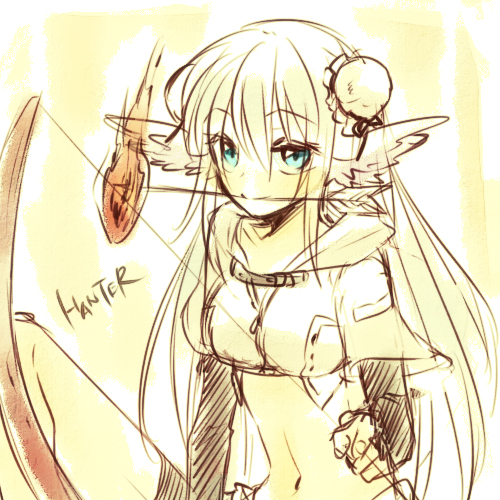 1girl ark_kan arrow_(projectile) blue_eyes bow_(weapon) breasts character_name closed_mouth commentary_request crop_top cropped_jacket english_text flaming_arrow holding holding_bow_(weapon) holding_weapon hood hooded_jacket hunter_(ragnarok_online) jacket long_hair looking_at_viewer lowres medium_breasts midriff mouth_hold navel ragnarok_online short_sleeves smile solo typo upper_body weapon