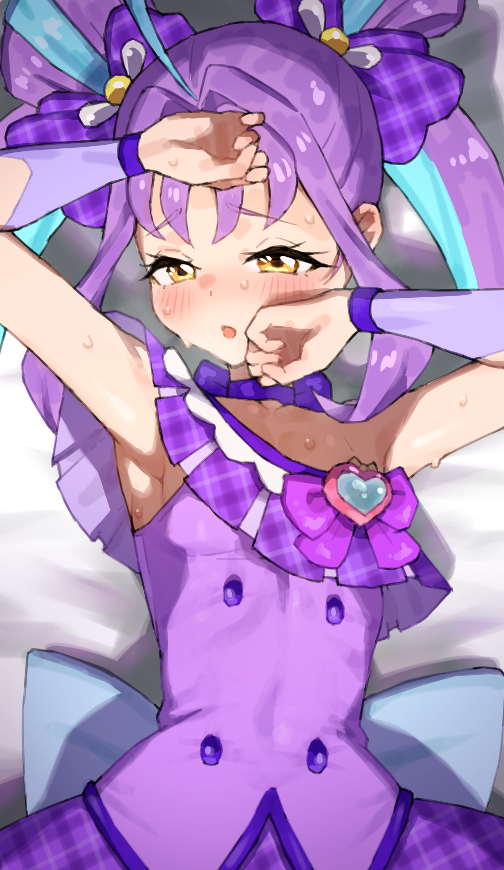 1girl ahoge armpit_focus armpits bed_sheet blue_hair blush bow bow_choker choker cure_kyunkyun detached_sleeves double_bun dress flat_chest furrowed_brow hair_bow hair_bun hands_on_own_face hands_up highres idol_heart_brooch_(precure) kimi_to_idol_precure long_hair looking_at_viewer lying magical_girl mo_(boo1719501boo) multicolored_hair on_back open_mouth plaid_bow precure purple_bow purple_choker purple_dress purple_hair purple_sleeves shigure_kokoro solo streaked_hair sweat textless_version twintails two-tone_hair yellow_eyes