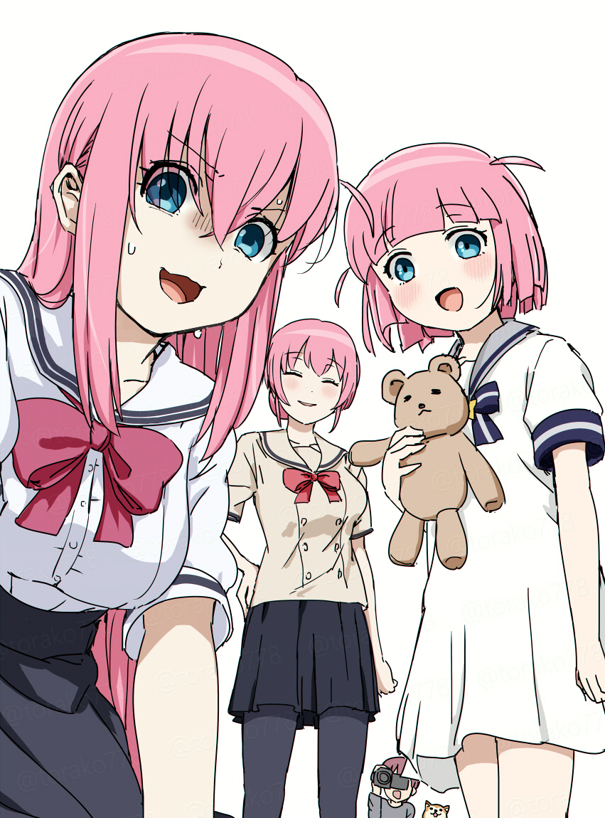 1boy 3girls blue_eyes bocchi_the_rock! chestnut_mouth dog dress gotoh_futari gotoh_michiyo gotoh_naoki hair_between_eyes jimihen long_hair looking_at_viewer minami-ke multiple_girls parody pink_hair red_dress red_ribbon ribbon school_uniform shiba_inu short_hair siblings side_ahoge simple_background sisters stuffed_animal stuffed_toy teddy_bear torako_(toramaru) video_camera white_background