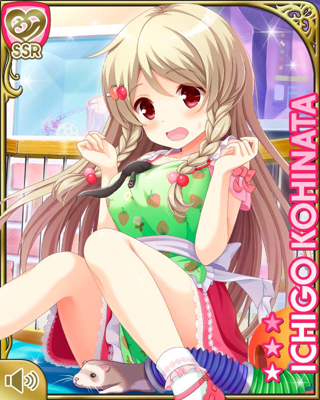 1girl apron blonde_hair bow braid breasts card character_name day ferret girlfriend_(kari) hair_ornament hairclip indoors kohinata_ichigo long_hair official_art open_mouth panic pink_shirt pink_skirt qp:flapper red_eyes shirt sitting skirt tagme white_bow