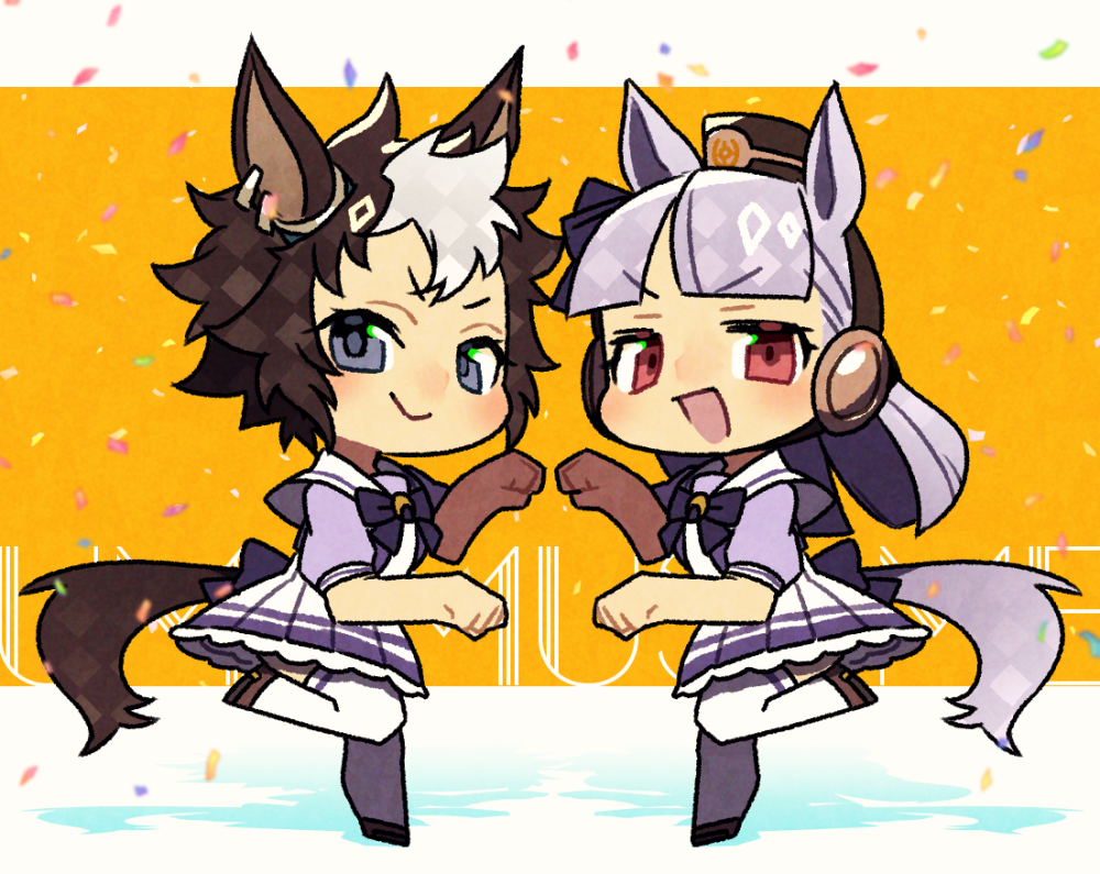 2girls animal_ears confetti earrings full_body gold_ship_(umamusume) grey_eyes horse_ears horse_girl horse_tail jewelry long_hair mejiro_ryan_(umamusume) mid_(mid_skb) multiple_girls no_nose open_mouth paw_pose pleated_skirt purple_hair purple_tail red_eyes skirt smile tail thighhighs umamusume white_skirt white_thighhighs