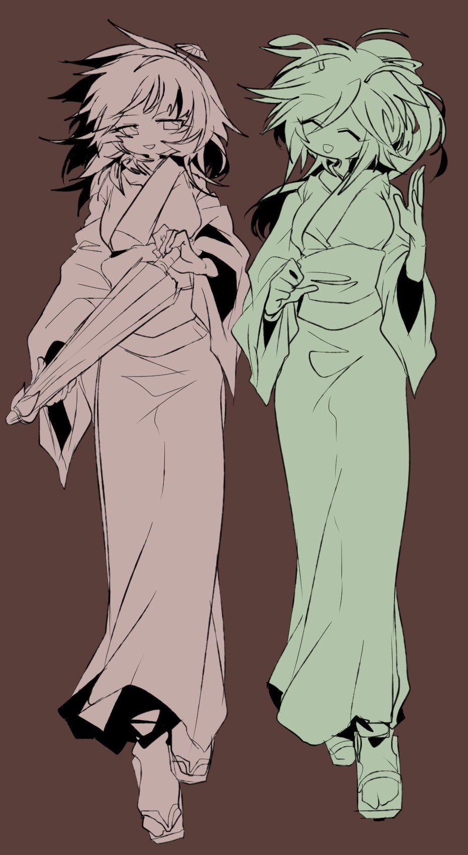 2girls alternate_hair_length alternate_hairstyle amanomiya_jun amanomori_shou antennae breasts brown_background chinese_commentary closed_eyes closed_umbrella commentary_request full_body genderswap genderswap_(otf) geta hairband hand_up highres holding holding_umbrella japanese_clothes kimono len&#039;en ling_s long_hair medium_breasts multiple_girls multiple_monochrome no_nose obi open_mouth ponytail sandals sash simple_background smile umbrella umbrella_hair_ornament zouri
