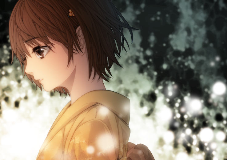 1girl bad_id bad_pixiv_id brown_eyes brown_hair chie_(lcddem) female_focus flower hair_ornament hairclip lcddem olmatown orb short_hair sidelocks solo