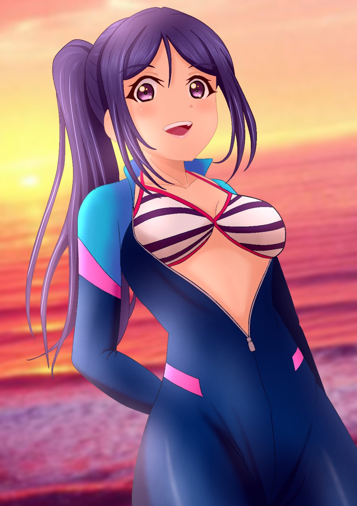 1girl arms_behind_back artist_name artist_request bikini bikini_top_only bikini_under_clothes blue_bikini blue_bodysuit blue_hair blush bodysuit breasts center_opening cleavage cloud collarbone day diving diving_suit female_focus freediving front-tie_bikini_top front-tie_top hair_between_eyes halterneck high_ponytail highres long_hair looking_at_viewer love_live! love_live!_school_idol_festival love_live!_sunshine!! matsuura_kanan medium_breasts open_bodysuit open_clothes outdoors parted_lips ponytail purple_eyes sky smile solo string_bikini striped_bikini striped_bikini_top striped_clothes sunset swimsuit teeth unzipped wetsuit white_bikini zipper zipper_pull_tab