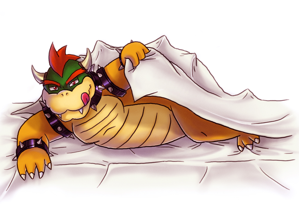 1boy barefoot bed bowser claws furry furry_male horns koopa male_focus mario_(series) matching_hair/eyes naughty_face nintendo red_eyes red_hair solo super_mario_bros._1 toes tongue