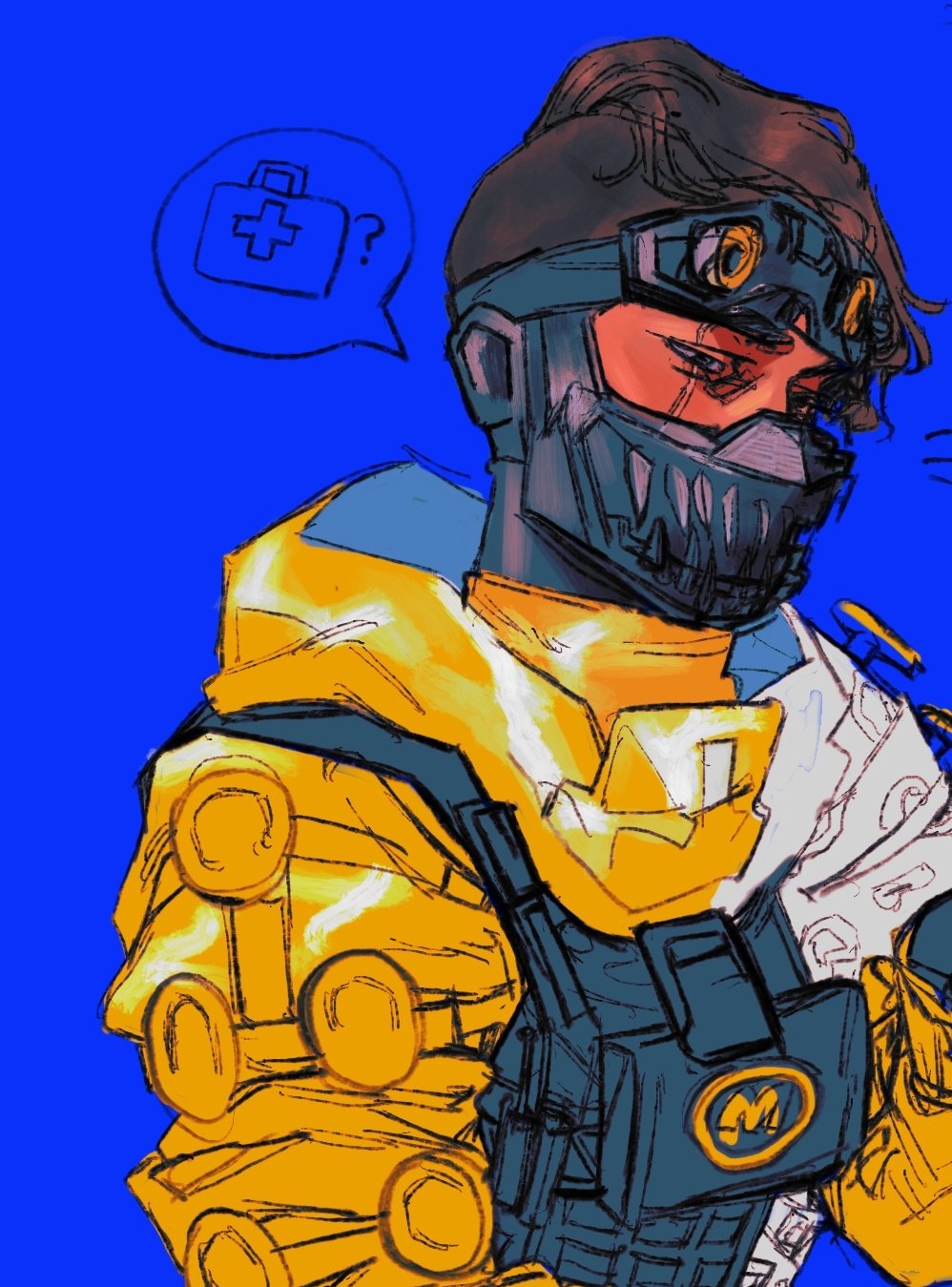 1boy ? animification apex_legends asymmetrical_hair black_eyes black_hair black_vest bulletproof_vest first_aid_kit goggles goggles_on_head highres hood hooded_jacket jacket looking_down male_focus mask mirage_(apex_legends) mouth_mask night_crawler_mirage official_alternate_costume rumemo sidecut solo undercut upper_body vest yellow_jacket