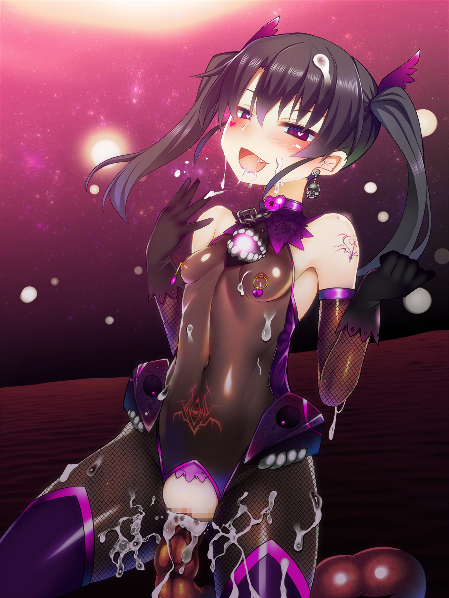 1girl alternate_eye_color arm_tattoo bare_shoulders black_hair blush breasts captive_bead_ring censored choker corruption covered_erect_nipples covered_navel crotchless crotchless_leotard dark_persona detached_sleeves earrings elbow_gloves fang fishnet_pantyhose fishnets gloves heart heart-shaped_lock heart-shaped_pupils heart_tattoo highres jewelry kantai_collection leotard mosaic_censoring nipple_jewelry nipple_piercing nipple_rings non-pubic_inmon okuri_banto pantyhose piercing purple_choker purple_eyes see-through_clothes see-through_leotard small_breasts solo symbol-shaped_pupils tattoo thighhighs zuikaku_(kancolle)