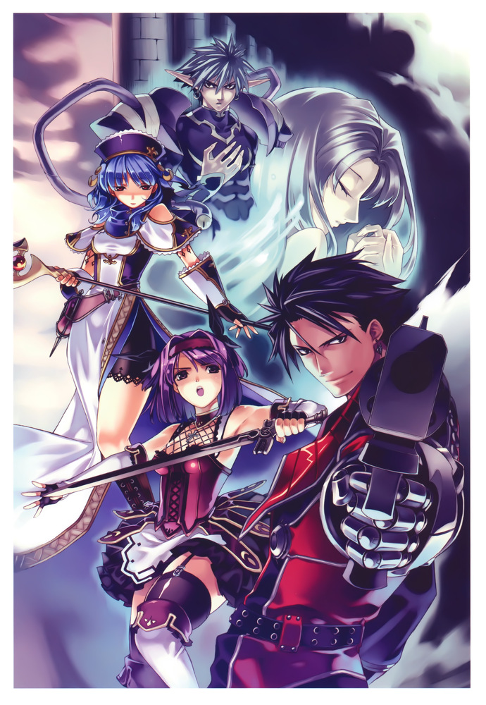 2boys 3girls adel_(blazing_souls) alia_(blazing_souls) black_eyes blazing_souls blue_hair gun hairband hirano_katsuyuki jadou jadou_(spectral_force) little_snow long_hair multiple_boys multiple_girls official_art purple_eyes purple_hair serious short_hair skirt smile spectral_(series) spectral_force spiked_hair sword thighhighs weapon white_hair zelos_(blazing_souls)
