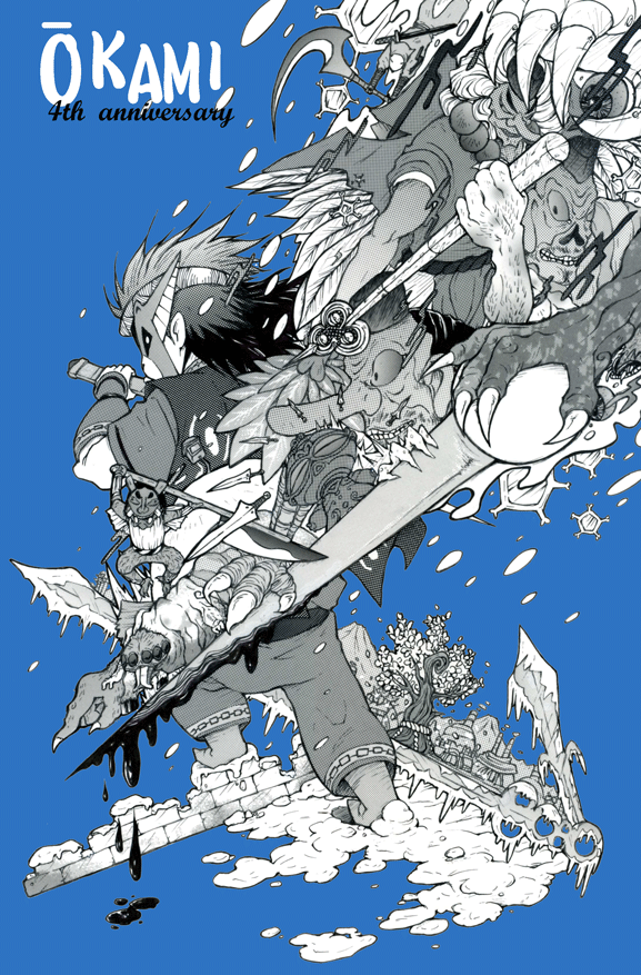 1boy abstract blue_background blue_theme male_focus mask monochrome monster oki okikurumi_(ookami) ookami_(game) shimitabi simple_background surreal sword tree weapon