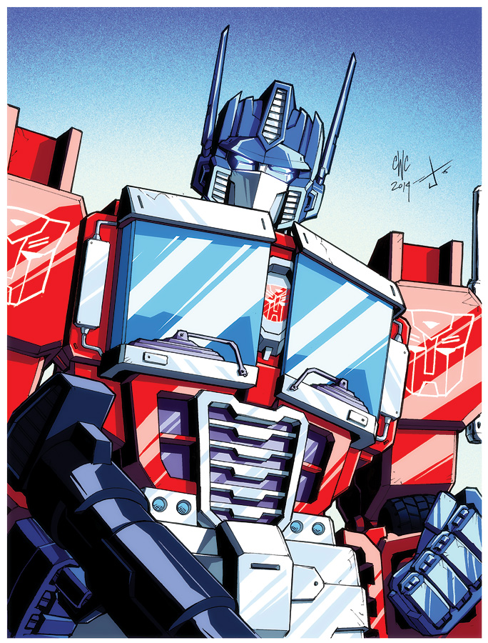 2014 artist_collaboration autobot blue_background blue_eyes casey_w._coller clenched_hand commentary english_commentary glowing glowing_eyes gun holding holding_gun holding_weapon josh_burcham looking_at_viewer mecha no_humans optimus_prime robot science_fiction signature transformers weapon