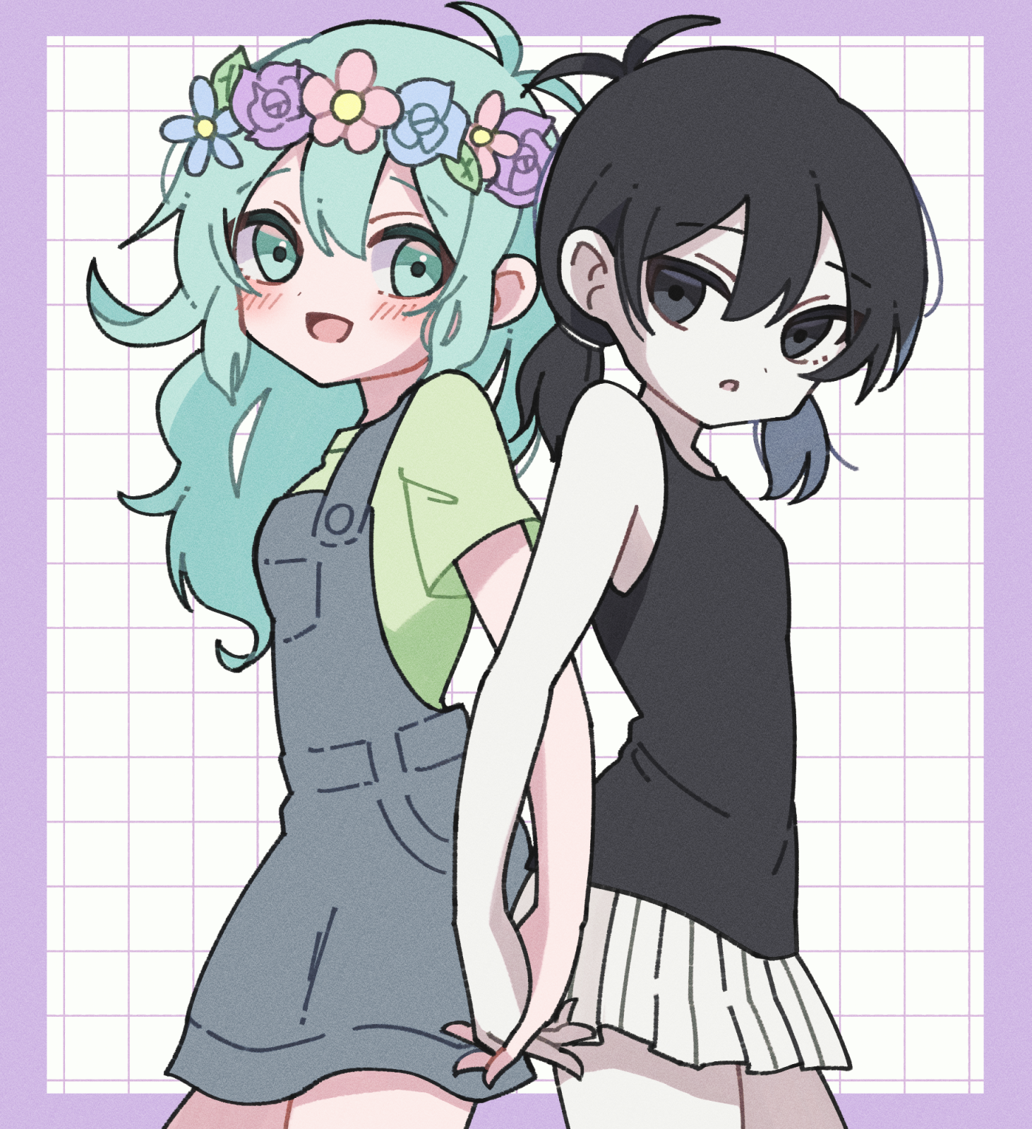2girls antenna_hair basil_(headspace)_(omori) basil_(omori) black_eyes black_hair black_tank_top blue_overalls blush colored_skin flower genderswap genderswap_(mtf) green_eyes green_hair green_shirt hair_behind_ear head_wreath highres holding_hands kiimorisame long_hair looking_at_viewer low_twintails multiple_girls omori omori_(omori) open_mouth overall_skirt overalls parted_lips pleated_skirt shirt short_hair short_sleeves short_twintails skirt smile tank_top twintails white_skin white_skirt