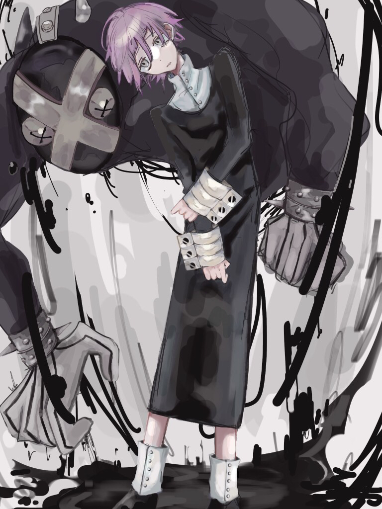 1other ambiguous_gender androgynous bending black_dress boots crona_(soul_eater) dress grey_eyes hand_on_own_arm head_tilt long_sleeves muscular purple_hair ragnarok_(demon_sword) sleeve_cuffs soul_eater wa_noko x_x