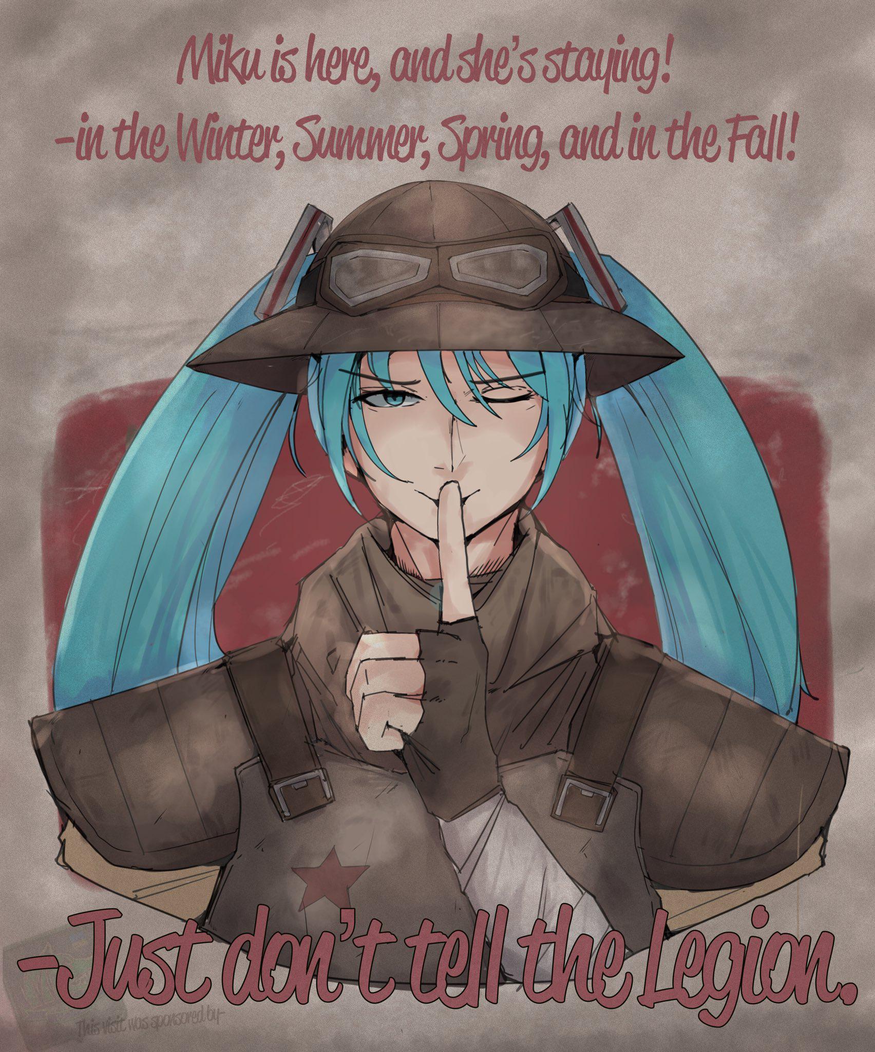 armor blue_eyes blue_hair english_text fallout:_new_vegas fallout finger_to_mouth fingerless_gloves gloves goggles goggles_on_headwear hatsune_miku helmet highres littleclevie new_california_republic one_eye_closed poster_(medium) propaganda twintails vocaloid worldwide_miku